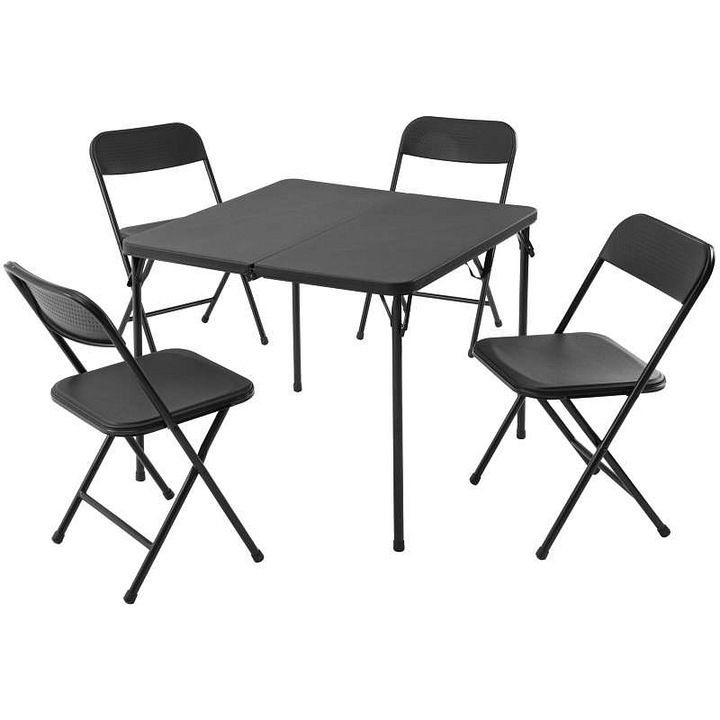 Set masa plianta si 4 scaune PROGARDEN KO-CM1000050, masa metalica cu suprafata neagra termoformata, scaune din rasina pliabile cu picioare din otel vopsit, negru, 5 piese