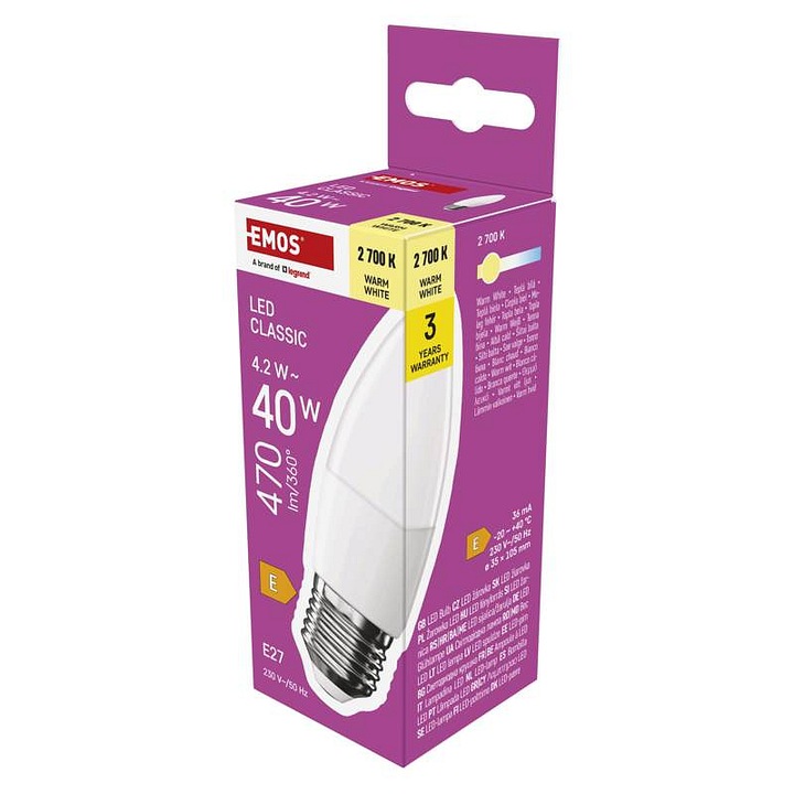 Emos Classic gyertya LED izzó, 4,2 W (40 W-nak megfelelő), 470 lm, E27 foglalat, meleg fehér 2700 K, 1 db