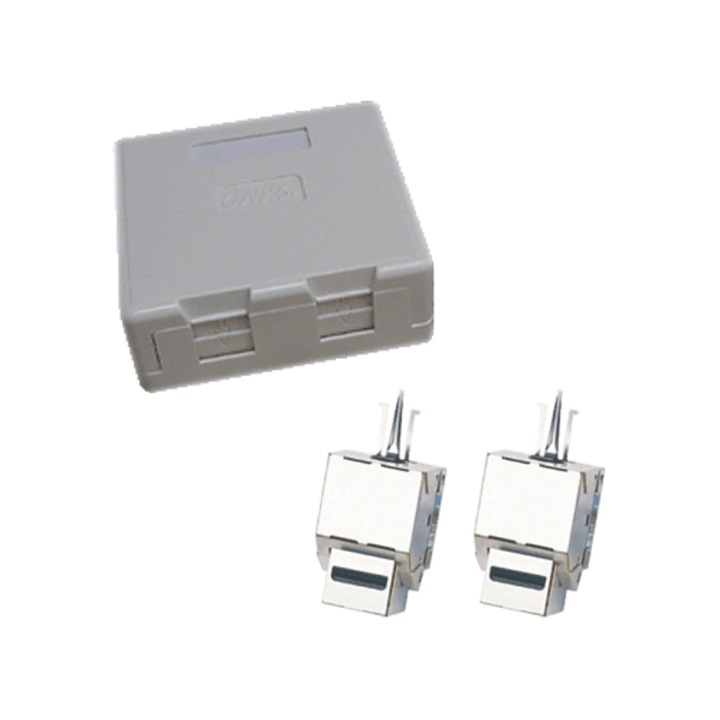 Datacom CAT5E STP dupla hálózati aljzat, 2 x RJ45, felületre szerelhető, árnyékolt portok, porvédelem, fehér, 27x68x60 mm