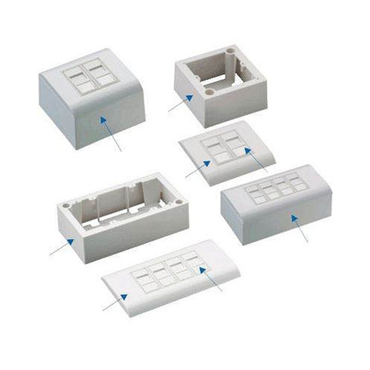 Datacom Modul.dat UTP Cat.5e hálózati aljzat 4 x RJ45, árnyékolatlan UTP portok, porvédő sapkákkal, falon kívüli és falba süllyesztett szereléshez, Fehér, komplett készlet (doboz 80 x 150 mm, előlap 80 x 150 mm, 4 modul 45 x 22,5 mm, 4 UTP keystone)