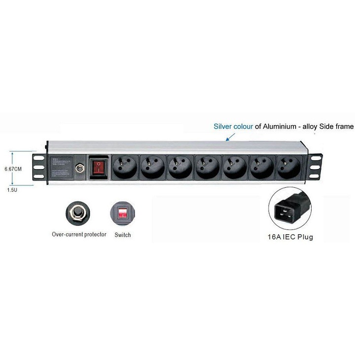 19" PDU elosztópanel 1,5U, 7 db 220V aljzat, IEC C19 16A csatlakozó, 1,8 m kábel, ezüst/fekete