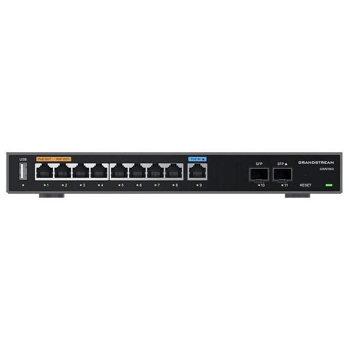 Router VPN gateway Grandstream GWN7003, gigabit multi-WAN cu load balancing si failover, 9 porturi gigabit, 2 porturi SFP, 2x PoE out, suport VPN si firewall avansat, controller pentru 150 AP, negru