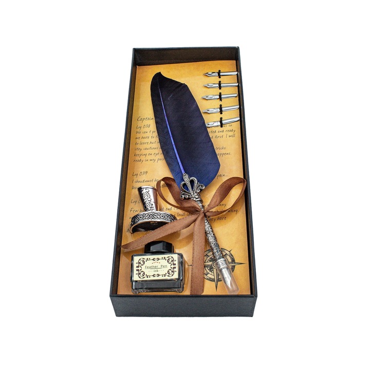 Set stilou vintage Macvi® kék libatollal, 5 cserélhető heggyel, tintatartóval, elegáns fém díszítésű tartóval kalligráfiához és ajándéknak