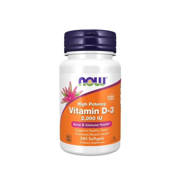 Supliment alimentar pentru sustinerea sistemului imunitar, oaselor, muschilor si sanatatii generale, Now Foods, Vitamina D3 2000 UI, 240 softgeluri