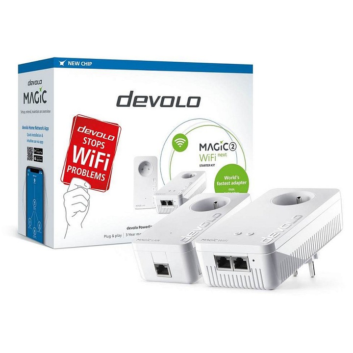 Set adaptoare Powerline Devolo Magic 2 WiFi next, pana la 2400 Mb/s, Wi-Fi dual-band 2.4/5 GHz, priza integrata, alb, 2 buc
