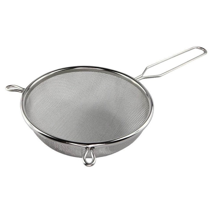 BLEX szűrő/szita, rozsdamentes acélból, finom szita fogantyúval és két akasztófüllel, ezüst, 16 cm