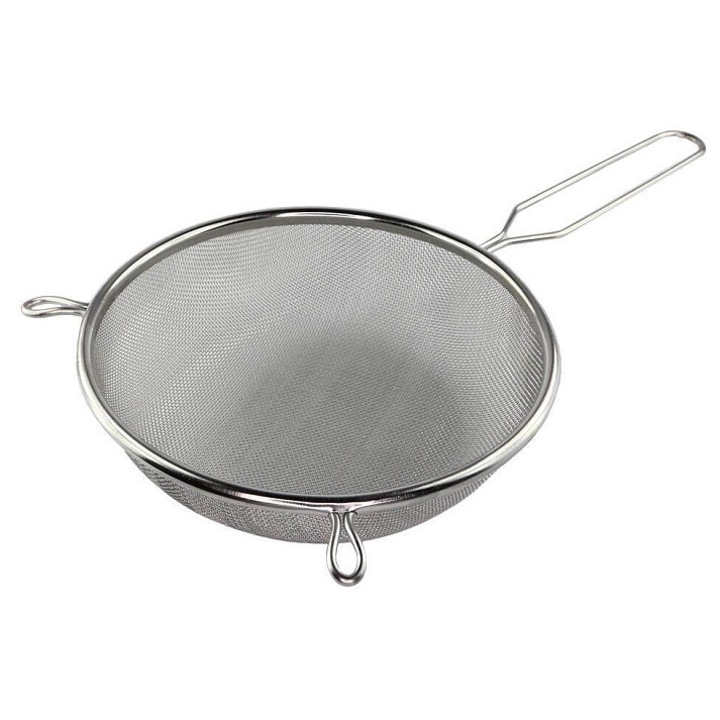 BLEX szűrő/szita, rozsdamentes acélból, finom szita, fogantyúval és két füllel, ezüst, 18 cm