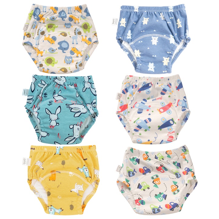 Set 6 chilotei de antrenament pentru olita, Multicolor, greutate 15-19kg, bumbac 100%, strat interior absorbant, faciliteaza tranzitia de la scutece, complet lavabili si confortabili, Marimea L