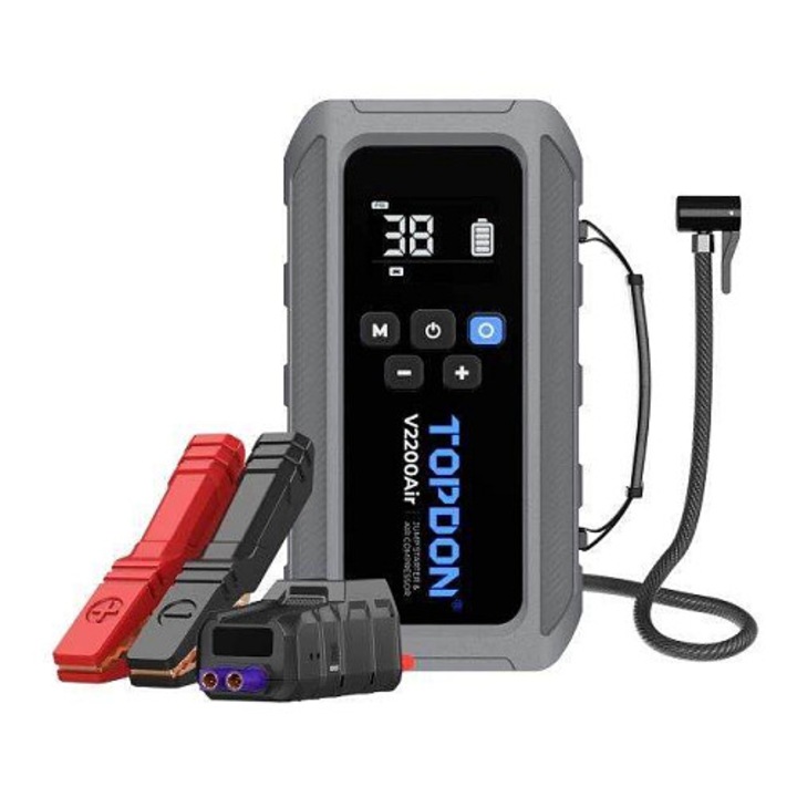 Starter/pornitor auto TOPDON V2200Air, curent de pornire 2200 A, compresor aer integrat, powerbank PD45W, Gri, 1 buc