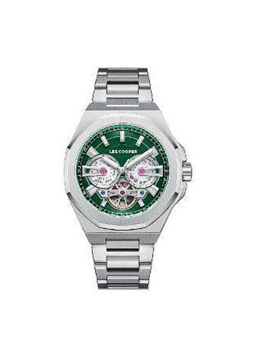 LEE COOPER, Ceas barbatesc otel inoxidabil, automat, cristal mineral, rezistent la apa, LC08124.370, Argintiu/Verde