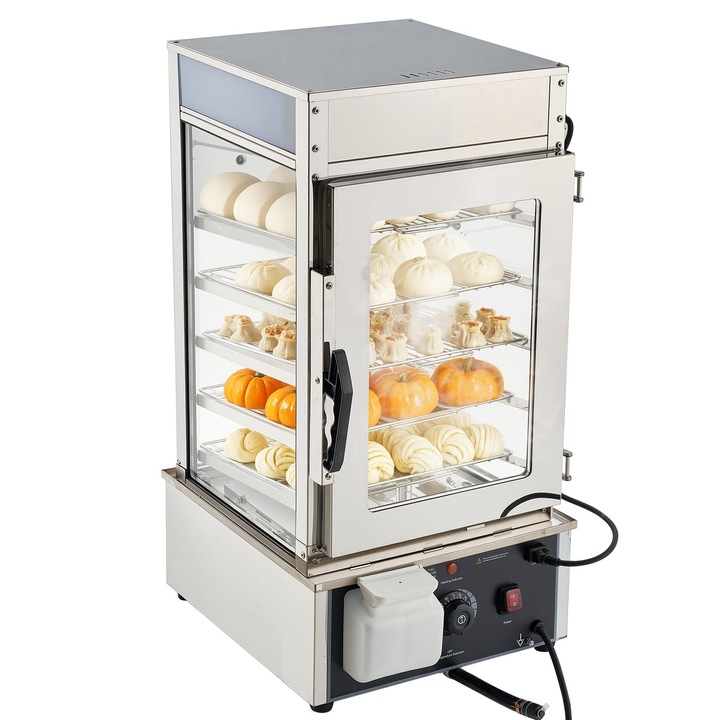 Melegítő vitrin élelmiszerekhez, Kereskedelmi, 5 polcos, 1200 W, Gőzös fűtés 30–110°C, Kapacitás 120 L, Állítható polcok, Rozsdamentes acél váz, LED világítás