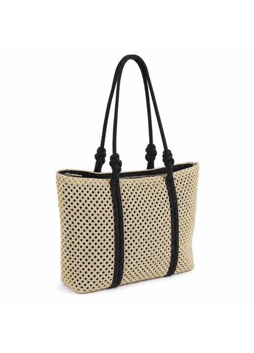 Geanta De Umar Pentru Femei Ecru Negru Din Paie Ajurata Cu Fermoar Metalic Manere Nod Interior Captusit 44x11x32 cm