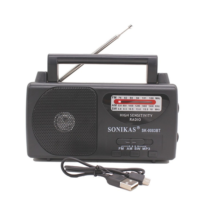 SONIKAS Hordozható rádió, hangos hangszóróval, akkumulátorral, USB, FM/AM, Fekete