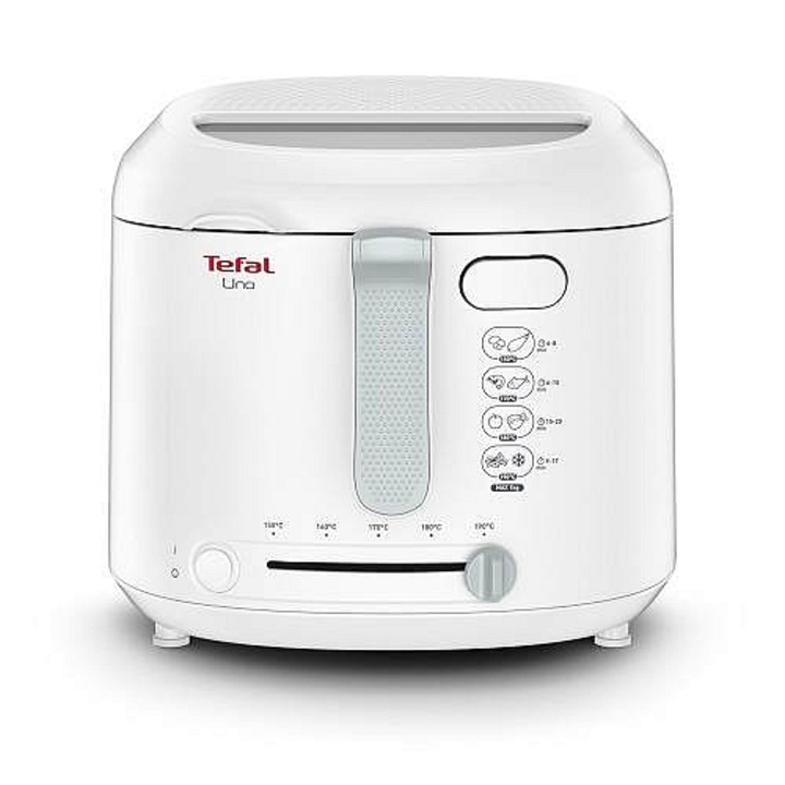Електрически фритюрник Tefal FF203130, капацитет 1 кг (до 4 души), регулируем термостат 150-190°C, автоматично отваряне на капака, режим на отцеждане за по-малко олио, Бял