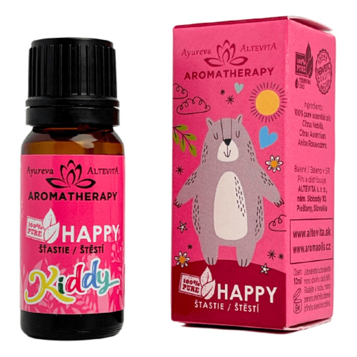 Altevita Kiddy Happy illóolaj, aromaterápia gyerekeknek, mandarinnal, nerolival és rózsafával, 100% tisztaságú, 10 ml