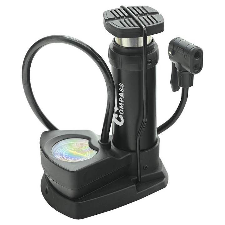 Compass lábpumpa, gumiabroncs pumpa, acél henger, beépített nyomásmérővel, max. 5,8 bar (85 PSI), 45 cm tömlő, adapterek mellékelve, fekete