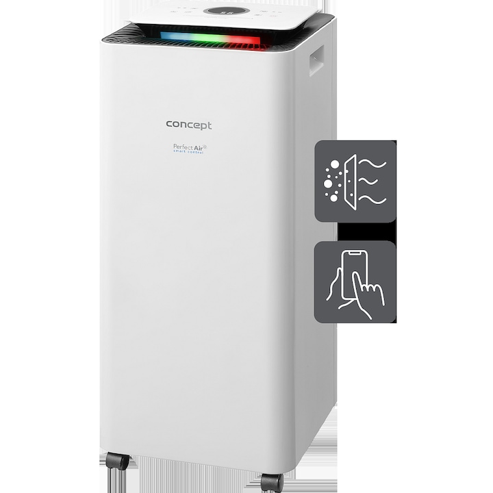Concept Perfect Air Smart OV2216 párátlanító és légtisztító, 16 l/nap kapacitás, 4 fokozatú szűrő (por, szén, ionizátor, UVC), WiFi vezérlés és mobilalkalmazás, 3,5 l tartály, fehér, 250 x 600 x 250 mm