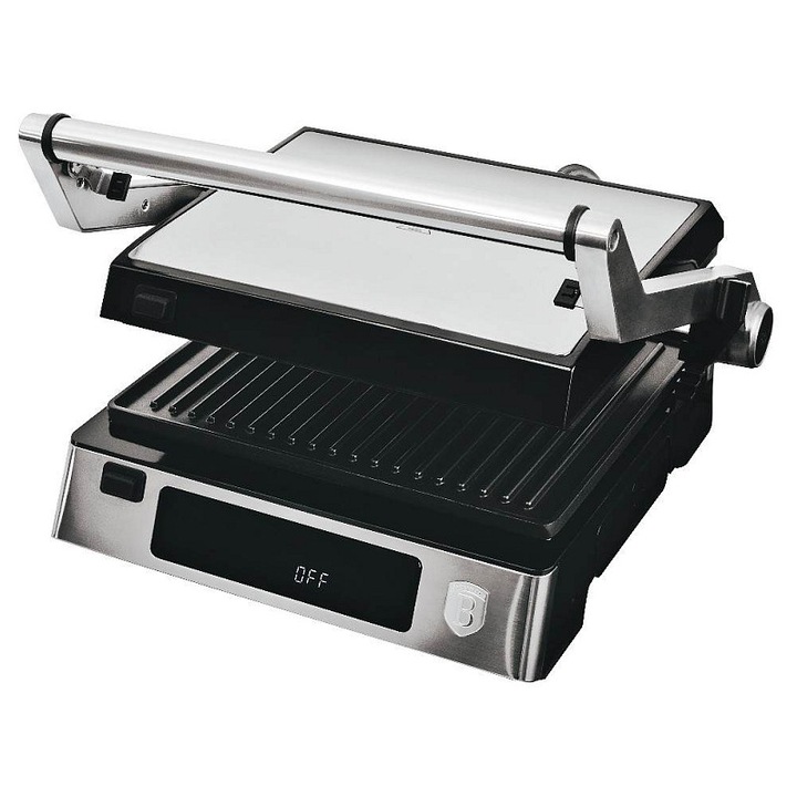 BerlingerHaus BH-9603 Matte Black Collection elektromos kontaktgrill, 2000 W, tapadásmentes felület, 2 az 1-ben (panini/180°), Fekete/ezüst, 29x26.2 cm