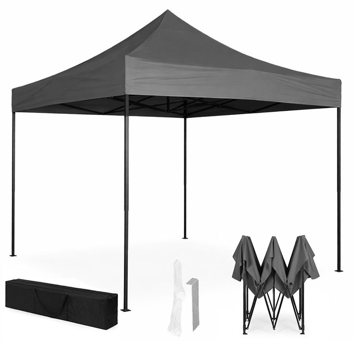 Pavilion gradina MultiGarden PAW-FG-3X3-4, automat cu pliere rapida, cadru din otel vopsit, acoperis 420D PVC rezistent la ploaie si UV, reglare inaltime 4 trepte 283/293/303/313 cm, Gri, 3x3 m