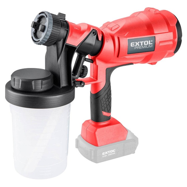 Pistol de pulverizare / pulverizator EXTOL PREMIUM SHARE20V, HVLP, reglaj debit si 3 tipuri jet (orizontal, vertical, punct), rezervor 900ml, rosu