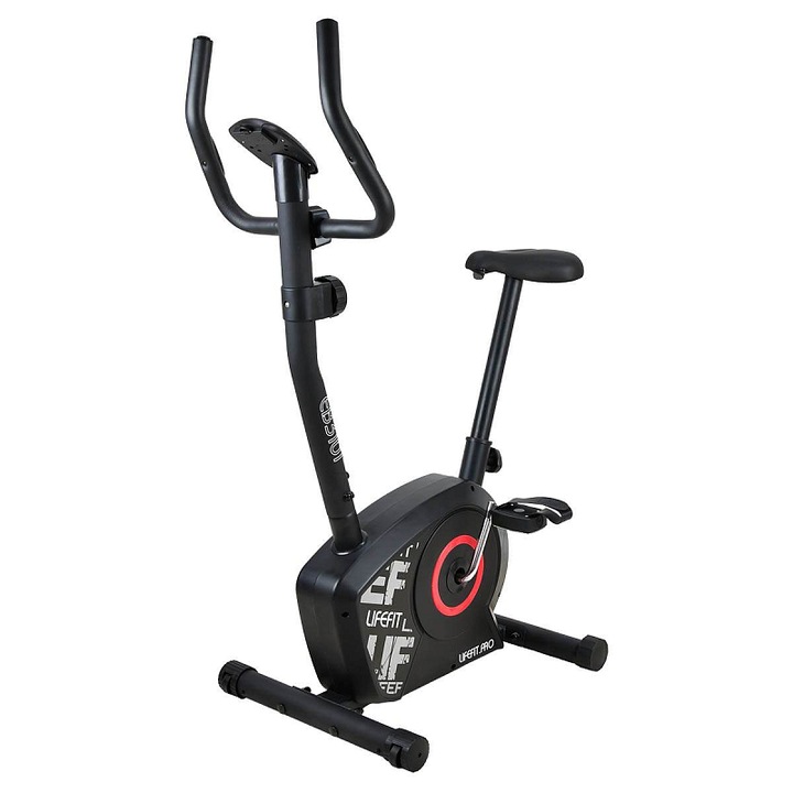 Lifefit EB3101 fitnesz kerékpár, stabil váz 120 kg teherbírással, 4 kg lendkerék, függőlegesen állítható ülés, pulzusérzékelők, 8 fokozatú manuális ellenállás, fekete/piros, 80x47x117 cm