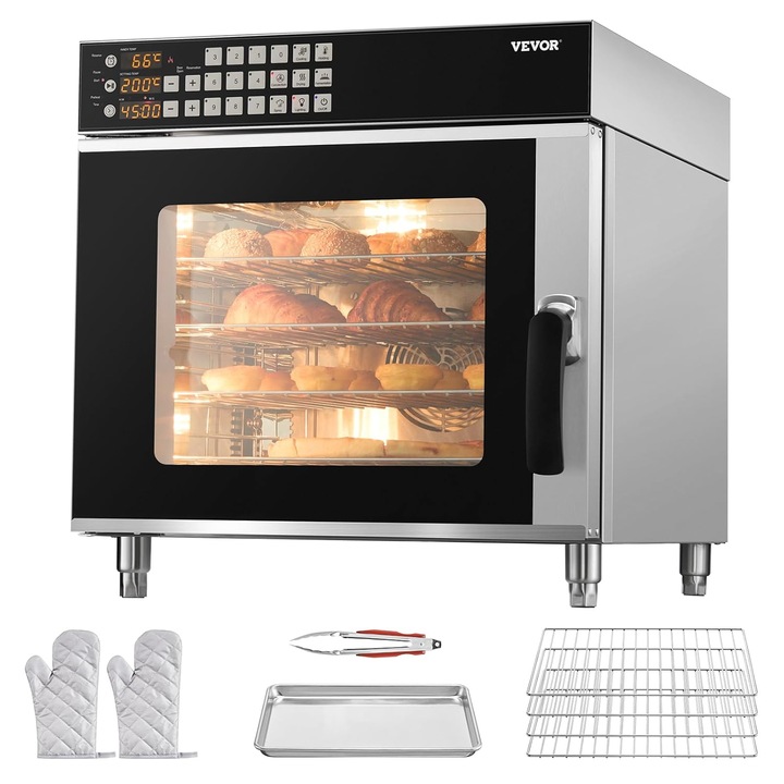 Cuptor Electric Profesional cu Convectie VEVOR, 58L, 2800W, 4 Niveluri, 30-260°C, Timer 99.5 min, Inox, Argintiu