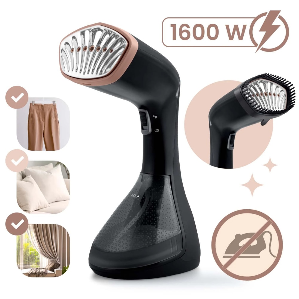 Aparat Calcat Vertical Cu Aburi, Putere 1600W, Fier Calcat Cu Incalzire Rapida, Rezervor Detasabil 230 ml, Abur Variabil 26 g/min, Portabil, Perie pentru Tesaturi Groase, Pahar Inclus, Negru