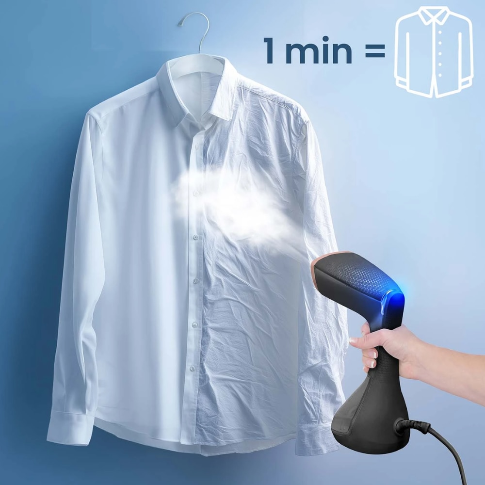 Aparat Calcat Vertical Cu Aburi, Putere 1600W, Fier Calcat Cu Incalzire Rapida, Rezervor Detasabil 230 ml, Abur Variabil 26 g/min, Portabil, Perie pentru Tesaturi Groase, Pahar Inclus, Negru