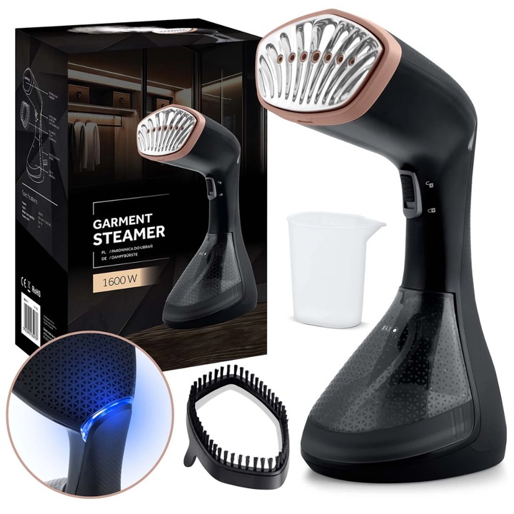 Aparat Calcat Vertical Cu Aburi, Putere 1600W, Fier Calcat Cu Incalzire Rapida, Rezervor Detasabil 230 ml, Abur Variabil 26 g/min, Portabil, Perie pentru Tesaturi Groase, Pahar Inclus, Negru