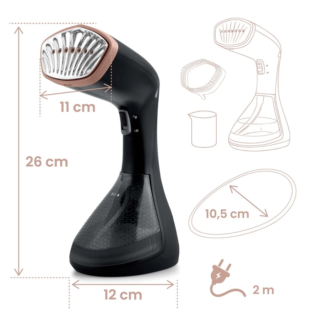 Aparat Calcat Vertical Cu Aburi, Putere 1600W, Fier Calcat Cu Incalzire Rapida, Rezervor Detasabil 230 ml, Abur Variabil 26 g/min, Portabil, Perie pentru Tesaturi Groase, Pahar Inclus, Negru