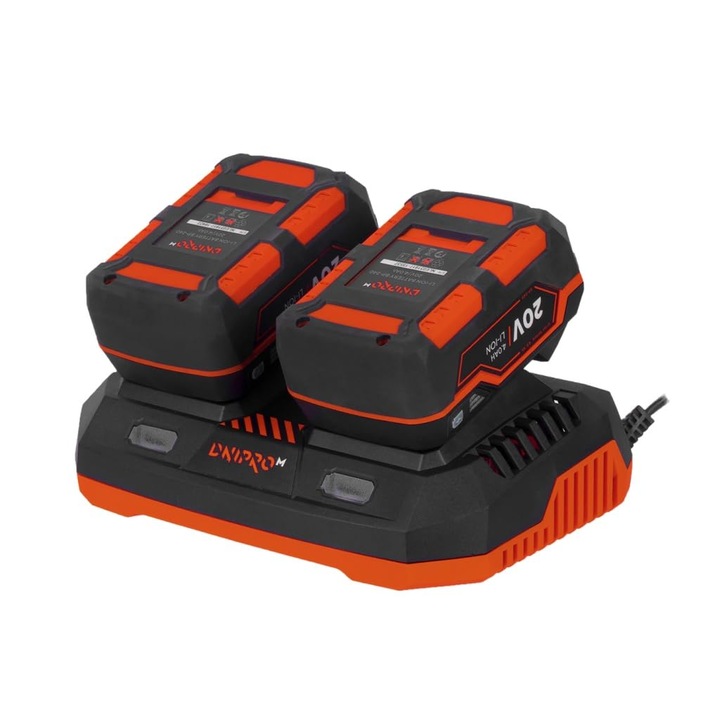 Kit baterii si incarcator Dnipro-M Pack Pro DM20, 2 baterii 20V 4Ah BP-240, incarcator FC-230 3A cu incarcare inteligenta si protectie BMS, compatibil +30 scule DM20, negru/portocaliu, 2 x 4Ah + 1 incarcator