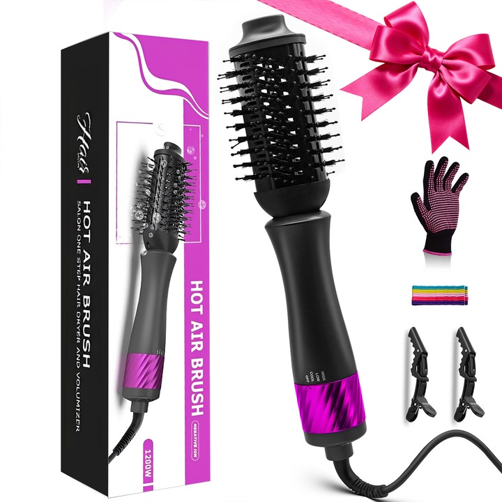 Perie rotativa de Par 4 in 1, BYONDSELF®, 1200 W, Styler Portabil, Perie Electrica cu 3 Trepte Viteza, Aer Rece, cu Uscator de Par, Potrivita pentru Orice Lungime si Tip de Par, Negru Auriu