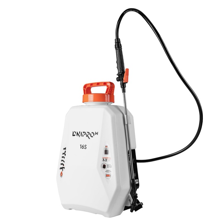 Pulverizator electric cu baterie Dnipro-M 16S, motor brushless, presiune 1,5–4 bar, duza reglabila 0°–120°, lance 100 cm, 2 viteze, polipropilena rezistenta la fitosanitare, alb/portocaliu, 16 L