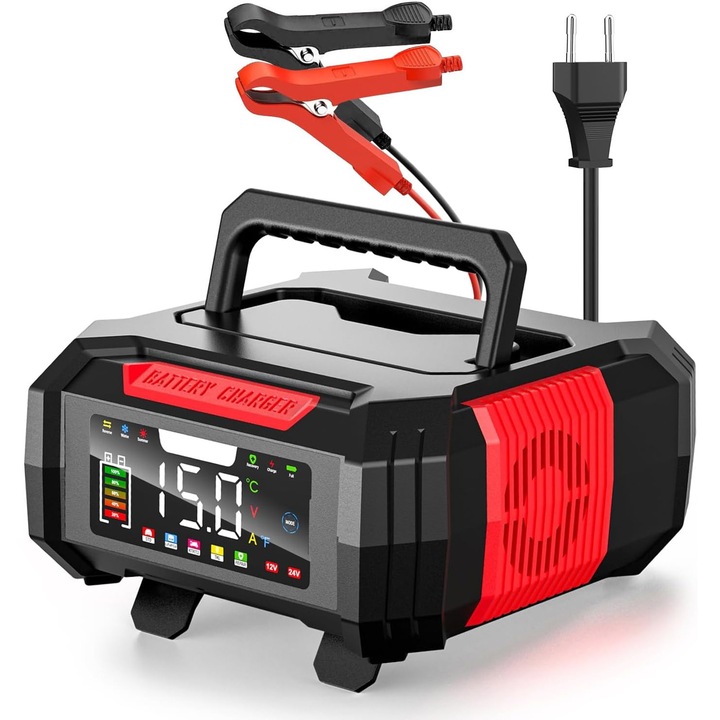 Redresor auto profesional, asskanaer, Digital cu microprocesor, Functie de reparare acumulator prin impulsuri, LCD, Functie pornire, 12V/15A 24V/8A, Inteligent, Pentru auto, moto, camion, barca, ABS, 170*190*88 mm, Rosu