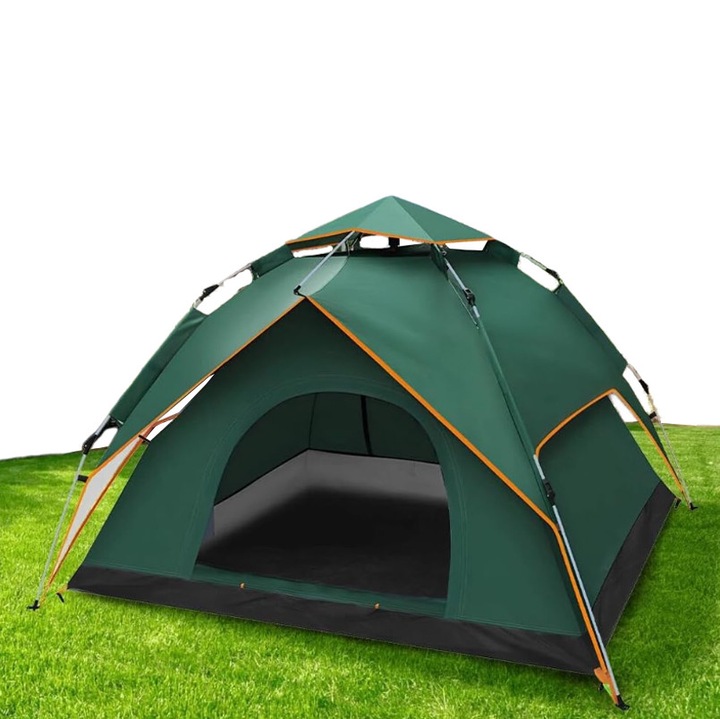 Cort camping automat, Bedee®, 3-4 persoane, Poliester impermeabil 210T PU 3000, 235*185*135cm, Impermeabil, se monteaza in cateva secunde, doua usi, cu plase de tantari, carlig interior practic, verde inchis/maro