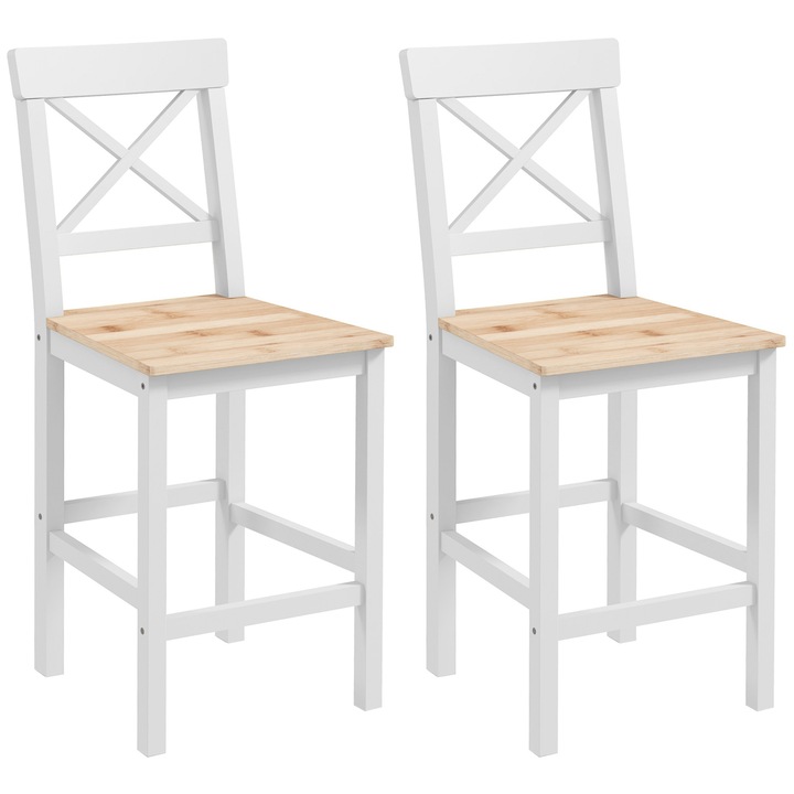 Taburet de Bar, HOMCOM, lemn de pin, 41 x 46 x 97.5 cm, Natural, Alb