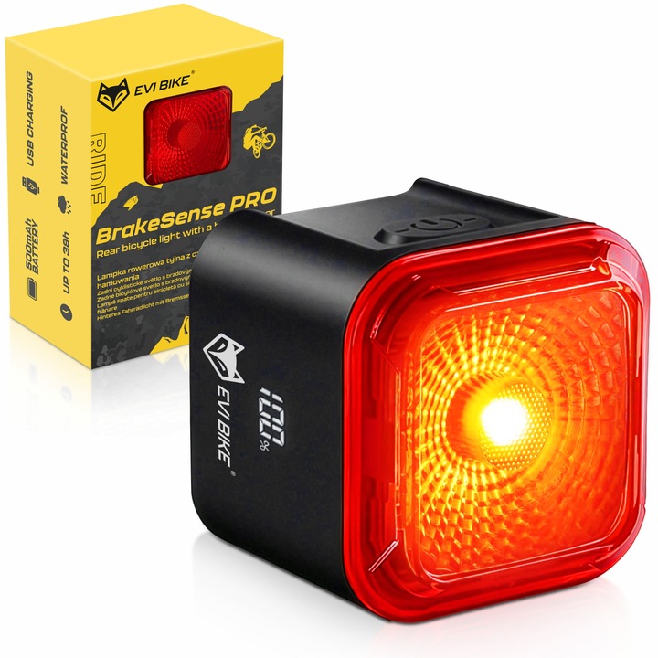 EVI BIKE BrakeSense PRO kerékpár hátsó lámpa, intelligens fékszenzorral, erős COB LED-del, 6 világítási móddal, 38 óra üzemidővel, USB újratölthető, IP55, fekete
