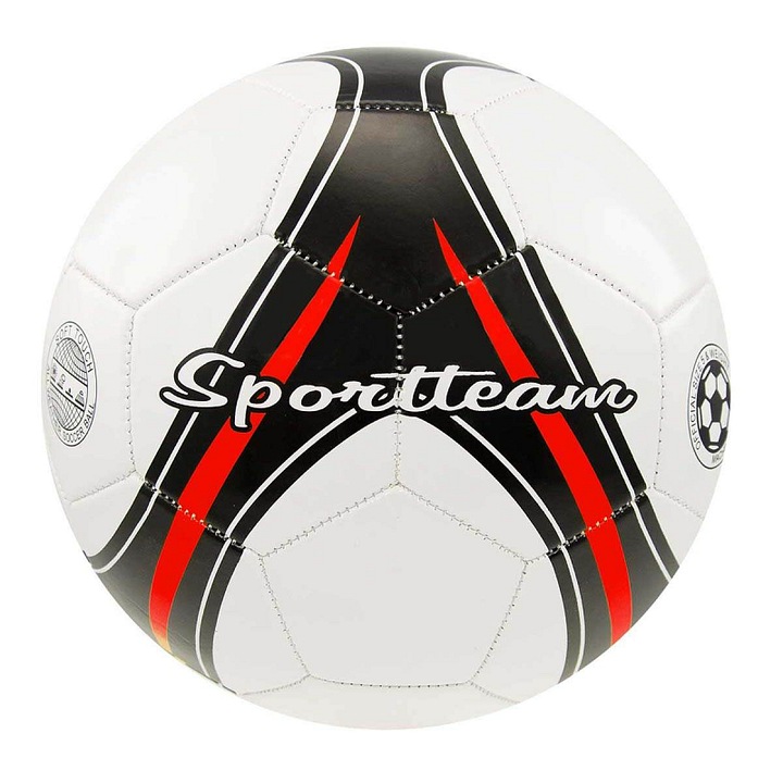 SportTeam S2 futball labda, háromrétegű PVC, géppel varrott, fekete/piros, 5-ös méret