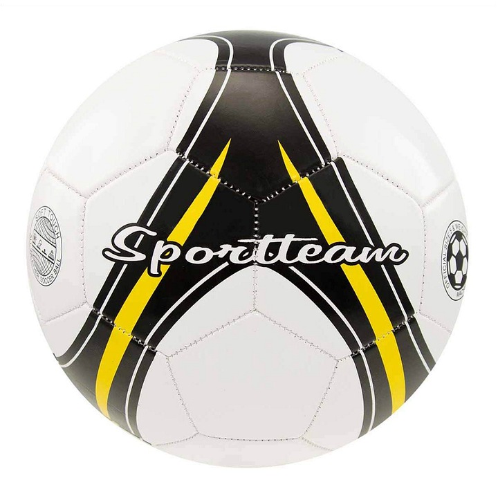 SportTeam, háromrétegű PVC futball labda, géppel varrott S2, fekete/sárga, 5-ös méret