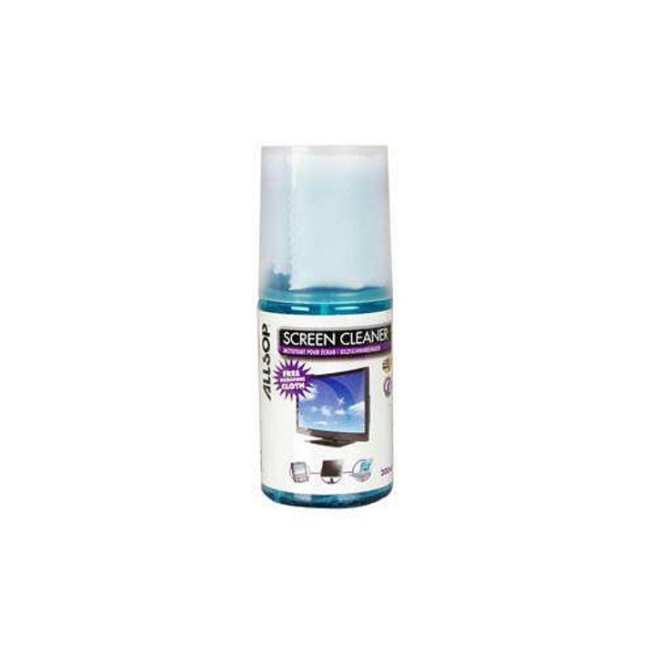 Spray curatare ecrane Allsop Screen Cleaner, solutie nealcoolica, include laveta microfibra 16 x 16 cm, Albastru, 200 ml