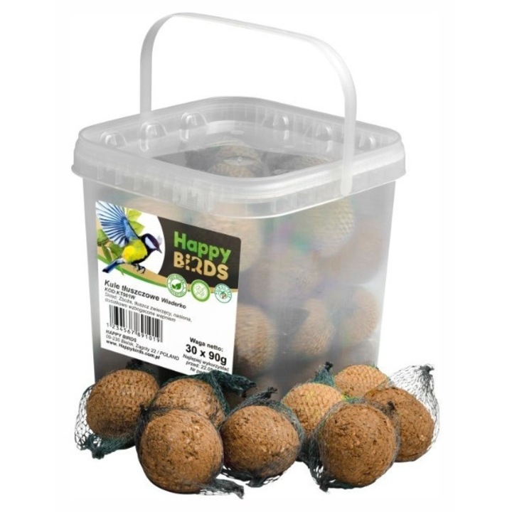 Bile grase pentru pasari Garden Flora Happy Birds, cu plasa, in galeata, maro, 30 x 90g