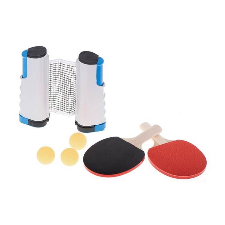 Rulyt® pingpong szett, 2 db 5 rétegű (nyárfa) fa ütő 1,7 mm-es szivaccsal, 3 labda, háló ABS (poliamid) tartóval, anatómiai markolatok, Többszínű