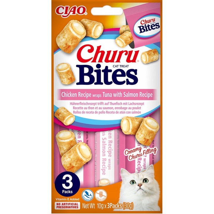 Recompense pentru pisici INABA Ciao, Churu Bites, bucati de Pui umplute cu crema de Pui, 3x10g