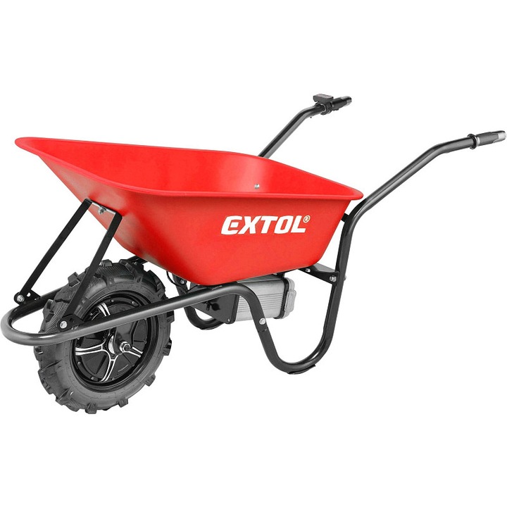 Roaba electrica/carucior electric EXTOL PREMIUM, corba metalica 80 l, capacitate max. 150 kg, motor brushless 500W, baterie Li-ion 40V 6Ah detasabila cu afisaj LED, pneu teren, rosu