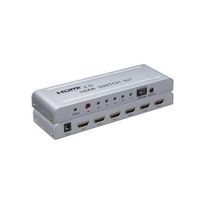 Comutator HDMI PremiumCord 5:1 4Kx2K@60Hz, 5 HDMI входа, поддръжка 18Gbps/HDMI 2.0, включени дистанционно управление и адаптер 230V/5V, сребрист, 1 бр