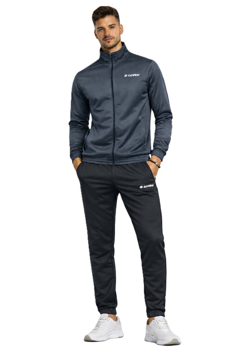 Set trening barbati Lotto, hanorac gri cu fermoar si pantaloni negri, poliester, doua buzunare, L INTL