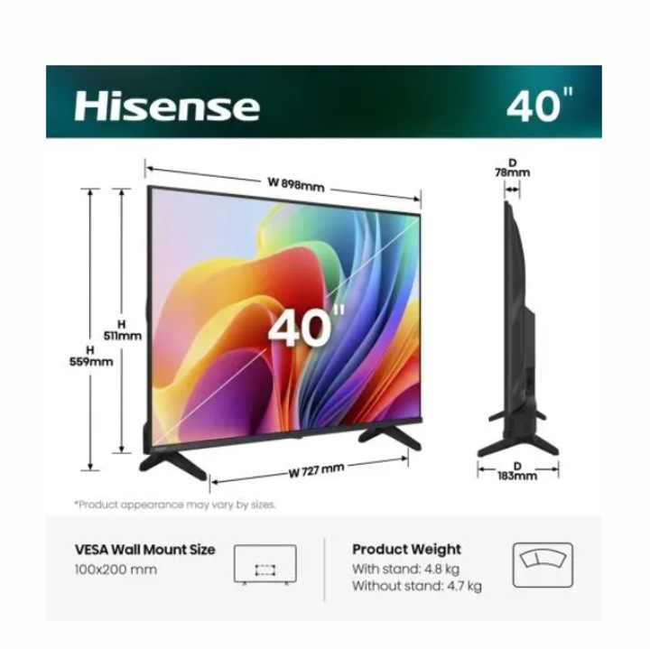 Televizor Hisense 40" A4S, Full HD 1920x1080, DLED, HDR, HLG, DTS HD, Smart TV, WiFi, WiFi Direct, 2xHDMI, 2xUSB, LAN, CI+, DVB-T2/C/S2, Negru 40A4S