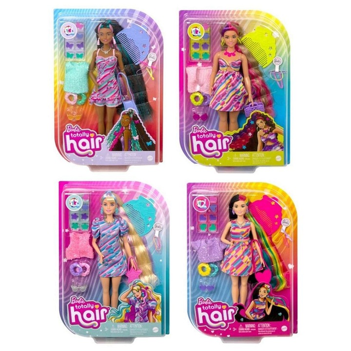 Кукла Mattel Barbie Totally Hair, изключително дълга коса 21 см, над 15 аксесоара с 8 щипки за промяна на цвета, Многоцветна, 1 бр.
