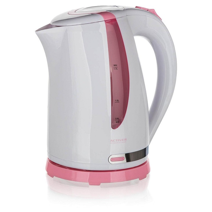 Activer Ethan elektromos vízforraló/teafőző, 1,7 l, 1850-2200 W, inox/műanyag, kivehető szűrő, 360°-os alap, fehér/rózsaszín