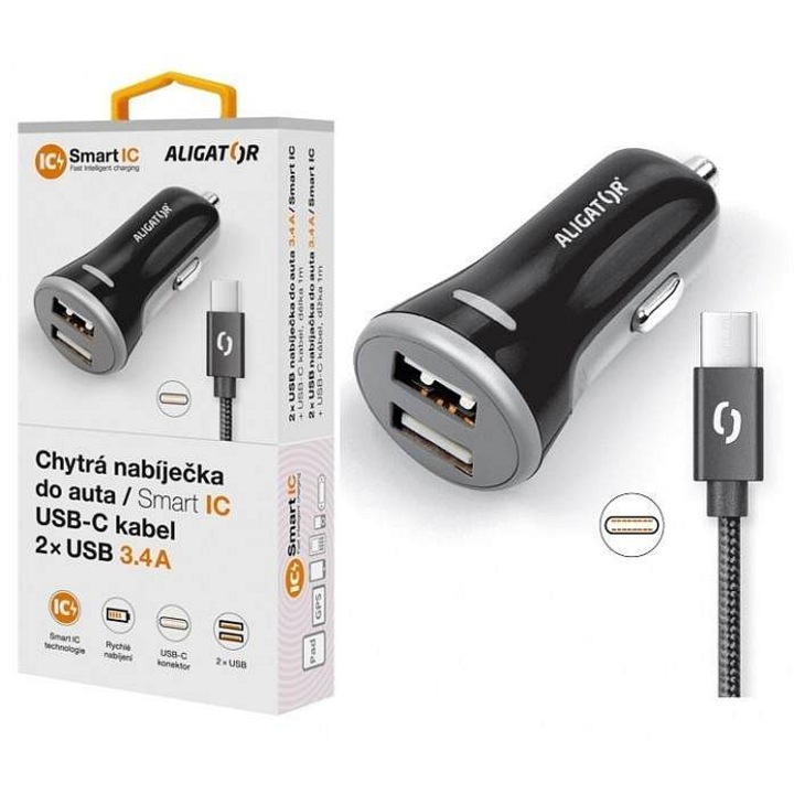 Incarcator auto Aligator 3.4A 2xUSB negru cu cablu USB-C 2A